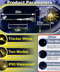 Product parameters of Two Pack Solar Firework Copper Wire Lights For Outdoors With 120 LED Beads, IP65 waterproof features shown.