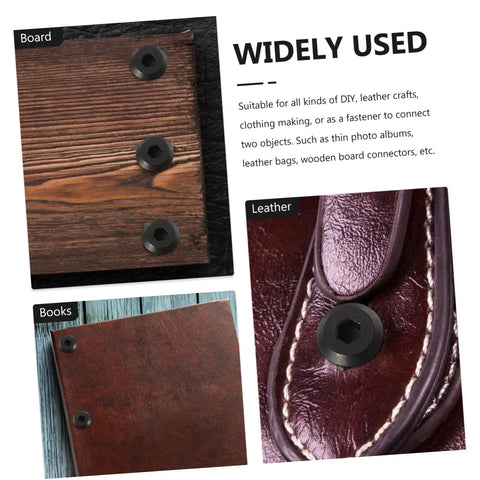 Premium Binding Screws And Countersunk Cap Nuts Designed For Hassle Free Install On Scrapbooks showing black screws on wood and leather surfaces.