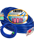 Badass 100 Foot Extension Cord With Glowing Lighted Ends Heavy Duty 10 Gauge Wire For Day Shift Crews And Weekend Warriors, blue cable showing lighted ends and detailed specifications.