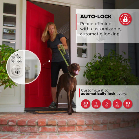Woman exiting red door with dog, showing off Keyless Entry Smart Lock With Electronic Keypad Deadbolt Auto Lock And Custom User Codes