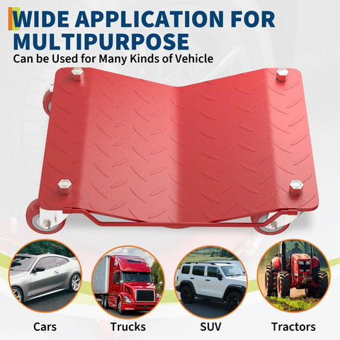 Super Rugged Four Pack Heavy Duty Wheel Dollies Featuring Deep V Groove Steel Platforms And Massive 7000 Lbs Load Rating For Moving Heavy Iron Smoothly Anywhere, showing red steel dolly with vehicles.