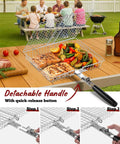 Three Piece Grill Basket Set With Removable Handles Stainless Steel Grilling Baskets for meats and vegetables on a table