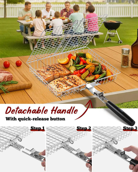 Three Piece Grill Basket Set With Removable Handles Stainless Steel Grilling Baskets for meats and vegetables on a table