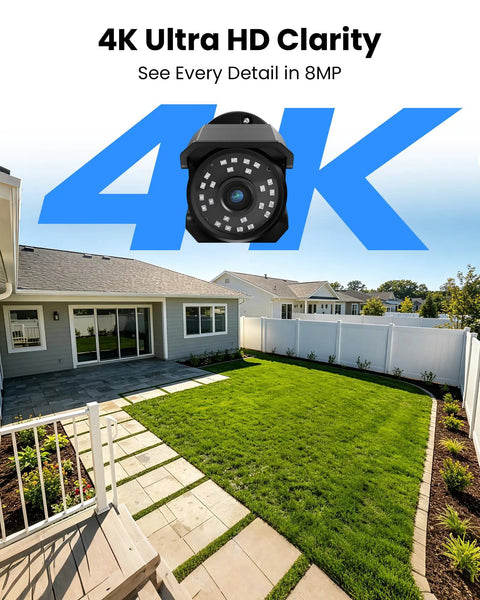 4 Pack 4K 8MP PoE Security Cameras Wired Bullet IP66 Waterproof Outdoor Indoor Surveillance Cams in backyard setting.