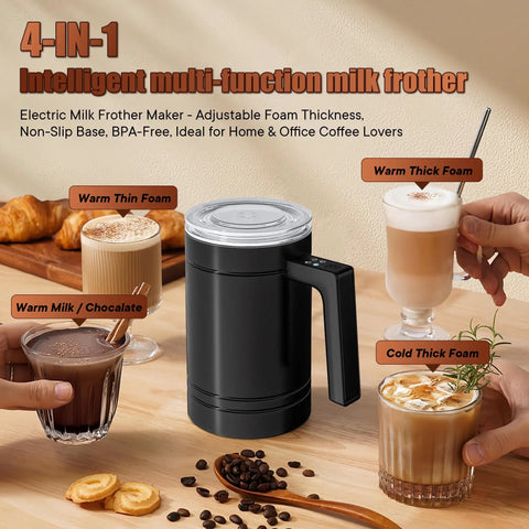 4 In 1 Milk Frother And Steamer For Home Baristas With Hot And Cold Froth Milk Warming And Chocolate Milk Maker Large Capacity Electric Frother for Lattes Cappuccinos and More At Home, shown on table with drinks