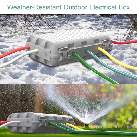 Tough As Nails Outdoor Waterproof Electrical Box in grey, shown in snowy and wet conditions with multiple colored cables.