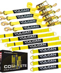 Complete Axle Strap Tie Down Kit With Snap Hook Ratchet Straps In Classic Yellow displayed with box, includes straps and hooks.