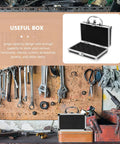 Heavy Duty Aluminum Tool Case With Dead Secure Latch And Comfy Grip Handle For Organizing Multi Purpose Large Capacity Work Gear Tablets Screws And Electronic Devices Portable Storage Box on cluttered workbench.