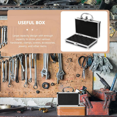 Heavy Duty Aluminum Tool Case With Dead Secure Latch And Comfy Grip Handle For Organizing Multi Purpose Large Capacity Work Gear Tablets Screws And Electronic Devices Portable Storage Box on cluttered workbench.