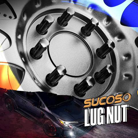 Kickass Slick Black Lug Nuts With 9/16-18 Thread Pitch Fits Aftermarket Wheels Dodge Ram 2500 3500 Ford F150 F250 Heavy Duty Replacement Hardware, close-up view of black lug nuts on wheel.