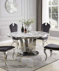 Game Changing Round White Marble Dining Table With Smooth Spin Lazy Susan And Heavy Duty Stainless Steel Base in dining room setup.