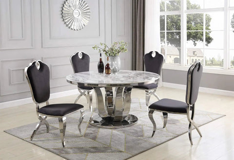 Game Changing Round White Marble Dining Table With Smooth Spin Lazy Susan And Heavy Duty Stainless Steel Base in dining room setup.