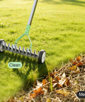 Wheeled Adjustable Thatch Rake For Lawn Care With Protective Gloves, Ergonomic Dethatcher Rake on green grass, rust resistant