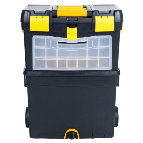 Front view of Rolling Tool Chest On Wheels With Drawers And Stackable Compartartments for On The Go Jobs, black and yellow.