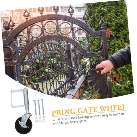 Smooth Rolling Heavy Duty Spring Loaded Gate Wheel With Automatic Telescopic Adjustment Cold Rolled Steel Replacement Caster visible on a large gate.