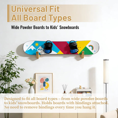 Universal Skateboard And Snowboard Wall Mount Bamboo Rack For Horizontal Storage Indoor And Outdoor displaying a snowboard with bindings on a wall.