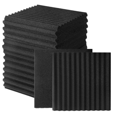 50 Pack Black Wedge Acoustic Foam Panels 1x12x12 Inches High Density Sound Absorbing Wall Tiles stacked for studio use.