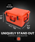 Trail 80 Waterproof Storage Box With Wheels, 79L Outdoor Gear Case For Camping, Fishing, And Hunting, Dustproof, Impact Resistant Modular Cargo Box In Bright Orange, 25.4 x 20 x 14.5 Inches, shown with measurements and empty weight.