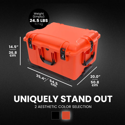 Trail 80 Waterproof Storage Box With Wheels, 79L Outdoor Gear Case For Camping, Fishing, And Hunting, Dustproof, Impact Resistant Modular Cargo Box In Bright Orange, 25.4 x 20 x 14.5 Inches, shown with measurements and empty weight.