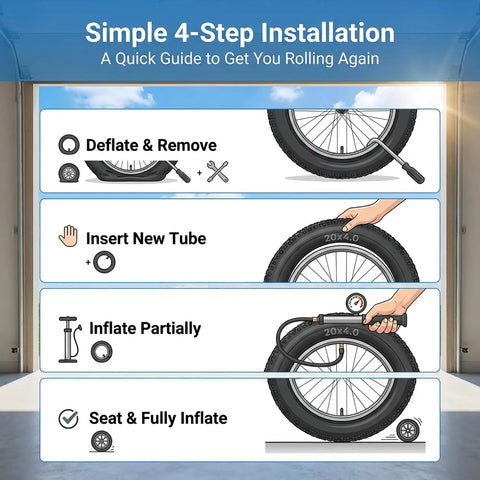 4-step installation guide for Beefy Heavy Duty Fat Bike Inner Tube 16x4.0 20x4.0 26x4.0 With Schrader Valve Durable Butyl Rubber Tubes