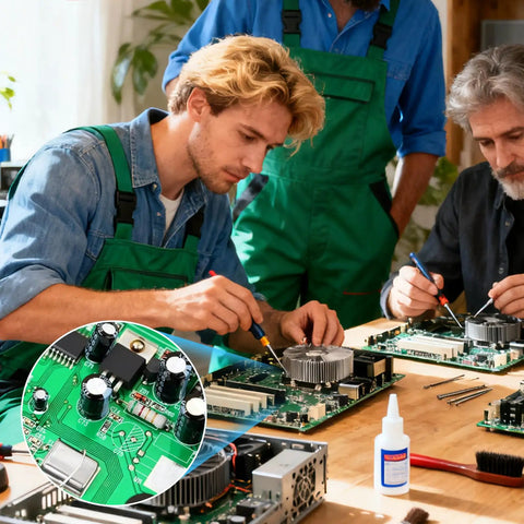 Men working on circuit boards using tools and electrolytic capacitors, part of Knockout 120 Piece Electrolytic Capacitor Assortment Kit.