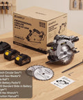 Six And A Half Inch Cordless Circular Saw Delivers Badass Cutting Force Through Double Four Ah Power Packs And Lightning Fast Charger with accessories.