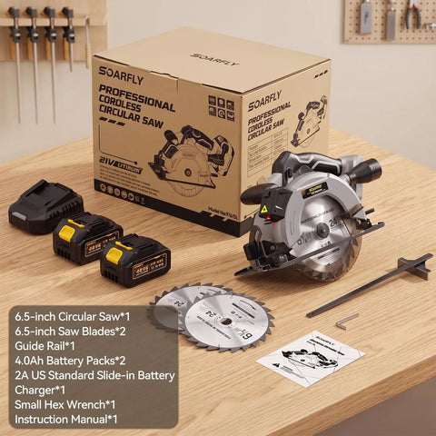 Six And A Half Inch Cordless Circular Saw Delivers Badass Cutting Force Through Double Four Ah Power Packs And Lightning Fast Charger with accessories.