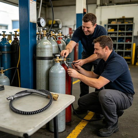 Two technicians connecting Heavy Duty Knockout Compressed Air Hose Featuring Leak Proof Steel Brass Connectors and Anti Knot Spring Sleeve.