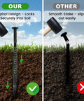 Comparison of Heavy Duty 8 Inch Plastic Landscape Edging Spikes, 220 Pack showing spiral and smooth designs in soil