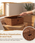 Three Piece Rectangular Woven Storage Bins With Lids Feature Slick Plastic Rattan Construction To Keep Your Home Tidy And Knocking Out Daily Clutter With Zero Hassle Prime Pick For Any Home Or Office - open lid with hand.