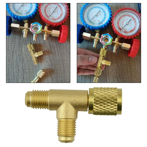 Two Pack Quick Coupler Access Tee Valve Adapters One Quarter Inch SAE Brass With Built In Valve Core for R22 R12 R134a