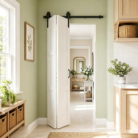 Premium Three Panel Bifold Barn Door With Heavy Duty Sliding Hardware Set, featuring smooth operation in modern kitchen.