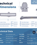 Technical diagram of Heavy Duty Commercial Door Closer FS 6300 Auto Hydraulic Spring Hinge Grade 1 dimensions and data.