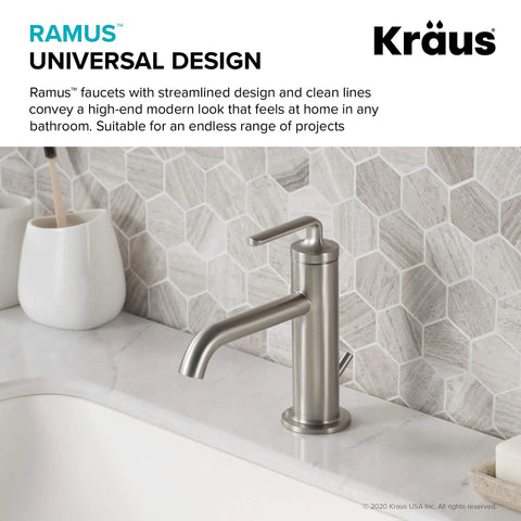 Ramus Single Handle Bathroom Sink Faucet With Lift Rod Drain In Spot Free Stainless Steel installed on a modern vanity sink