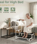 Senior Friendly Bed Step Stool For Adults And Elderly No Fuss Non Slip Stable Height Helper next to bed with woman using handrail