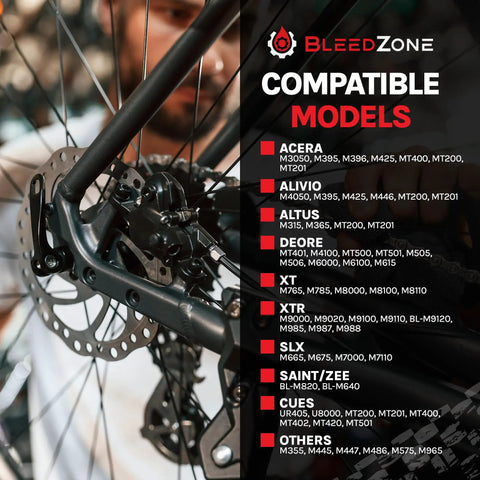 Man adjusting disc brake, list of Shimano models compatible with Shimano Hydraulic Brake Bleed Kit With Reusable Funnel Silicone Hose.