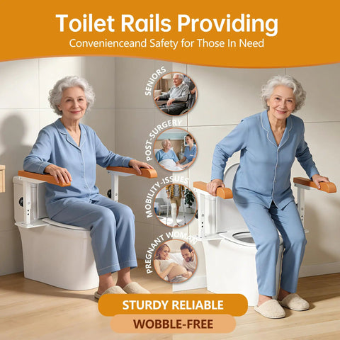 Adjustable Height Toilet Safety Rails For Seniors Boasting Top Shelf Handholds, featuring sturdy support for seniors.