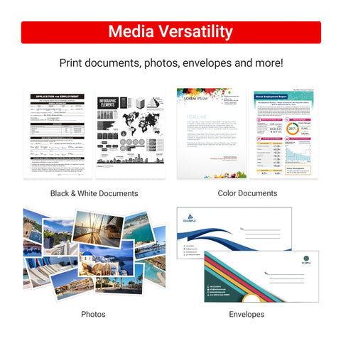 Print samples including black and white documents, color documents, photos, and envelopes showcasing media versatility.