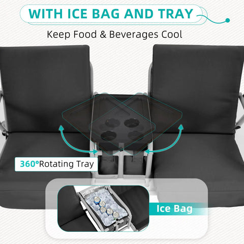 Two Seat Outdoor Porch Swing With Adjustable Canopy Heavy Duty 650 Lbs Capacity Pivot Storage Table with ice bag and tray.