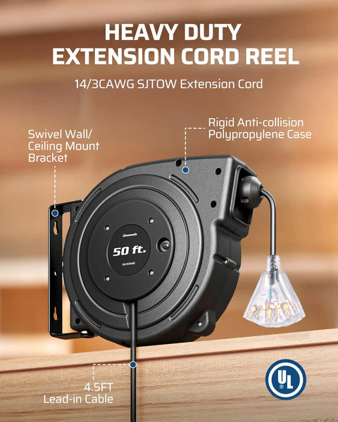 Heavy Duty 50 Foot Retractable Extension Cord Reel Rock Solid Sjtow Cables, swivel mount, 4.5ft lead-in cable, rigid case.