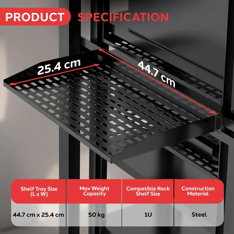 Four Pack 19 Inch Server Rack Shelves With Vented Steel Trays For Optimal Airflow Wall Or Rack Mount supports 110 lbs close-up of dimensions.