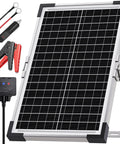 Heavy Duty 7.5W Solar Battery Maintainer And Trickle Charger For 12V Rigs, IP68 panel with clamps and status lights.