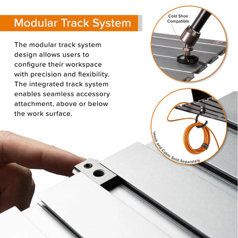 Modular track system on AeroTrac Foldable Laptop Tray For Tripod Mounting On The Go Video And Photography Workstation