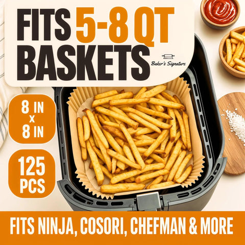 Hassle Free Air Fryer Liners Disposable Parchment Paper Silicone Coated Nonstick Bpa Free Oil Proof Heat Resistant To 450F For No Drama Cleanup And Smoother Baking in an air fryer basket with fries.