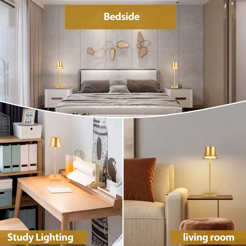 Cordless LED Desk Lamp On The Go with Rechargeable 5000mAh Battery in bedside, study, and living room settings, gold finish