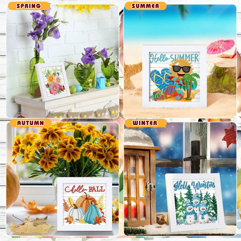 13 Piece Interchangeable Holiday Diamond Art Kit Set For Adults With Framed 5D Full Drill Gems Dope Seasonal DIY Craft Gift Includes Tools And Frames For Beginners Or Monthly Table Decor showing framed seasonal art for spring, summer, autumn, and winter.