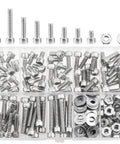Heavy Duty Assorted Hex Socket Head Cap Screws Kit With Matching Nuts And Flat Washers 10-24 Coarse Thread 304 Stainless Steel in storage box.