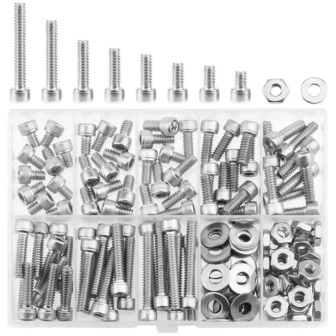 Heavy Duty Assorted Hex Socket Head Cap Screws Kit With Matching Nuts And Flat Washers 10-24 Coarse Thread 304 Stainless Steel in storage box.
