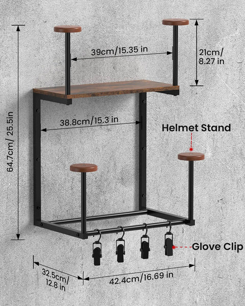 Solid Wood And Reinforced Metal Motorcycle Helmet Rack Wall Mount Heavy Duty Bike Helmet Holder Bracket dimensions displayed on wall