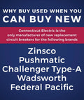 Replacement P260 Two Pole 60 Amp Circuit Breaker For Panels 120 240 VAC 10 000 AIC Bolt On Type ETL UL Listed For US And Canada Molded Case Breaker By Connecticut Electric branding for supported breaker brands like Zinsco, Pushmatic, Challenger Type-A, Wadsworth, Federal Pacific
